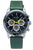 Holzkern Herrenarmbanduhr mit grünem Lederband, schwarzem Zifferblatt und gelben Chrono-Zeigern