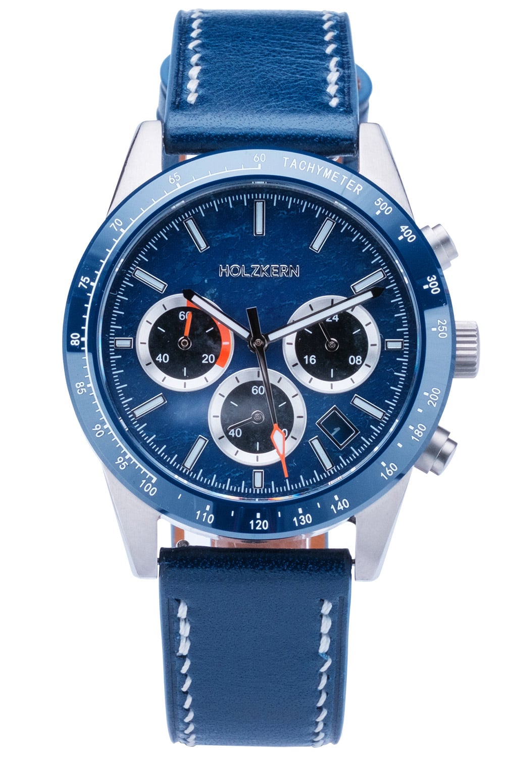 Herrenuhr mit blauem Zifferblatt, Chronographen-Zählern und Tachymeter-Lünette, Lederband