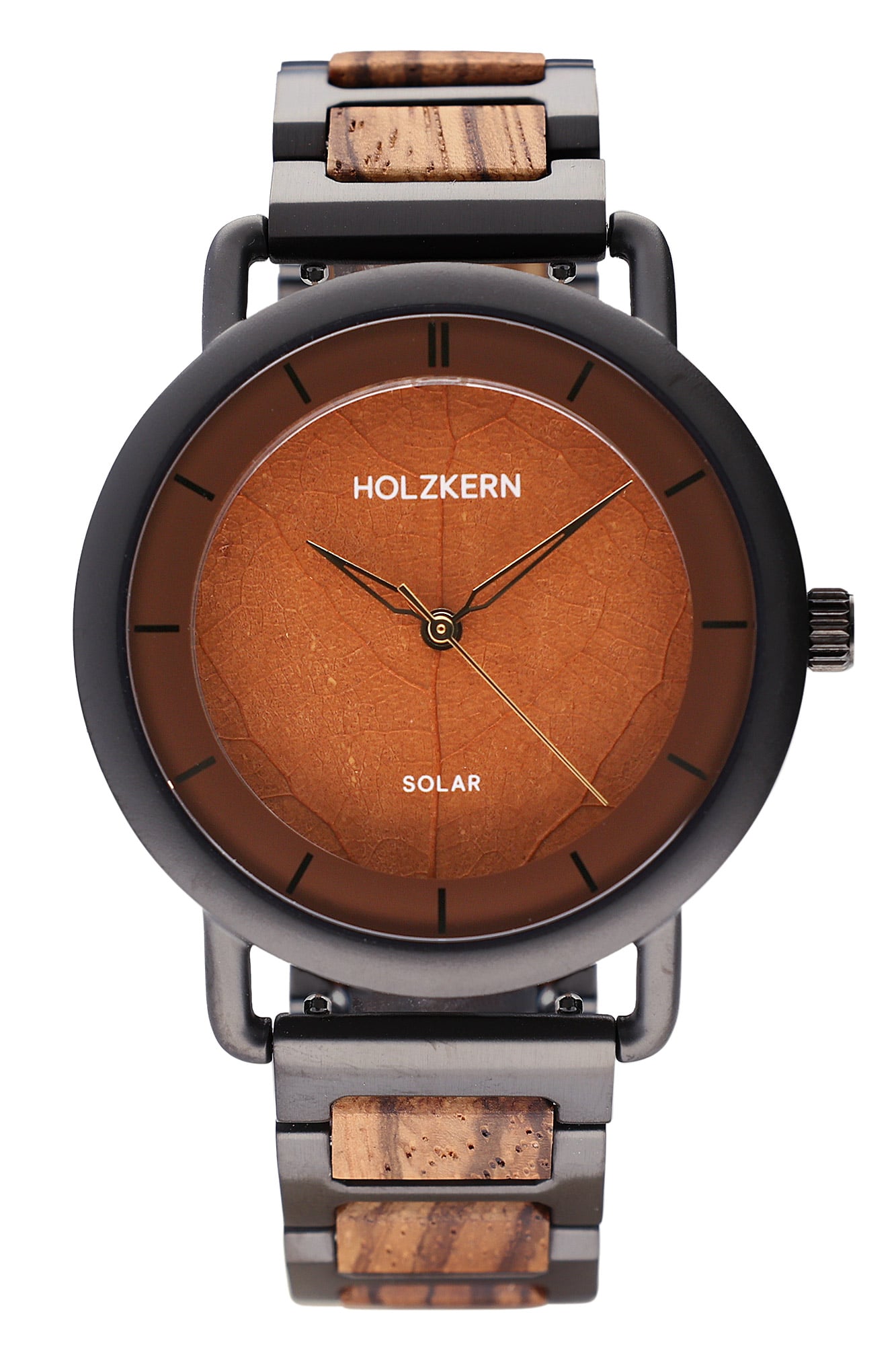 Herrenarmbanduhr mit dunklem Gehäuse, braunem Zifferblatt und Holz-Edelstahl-Armband