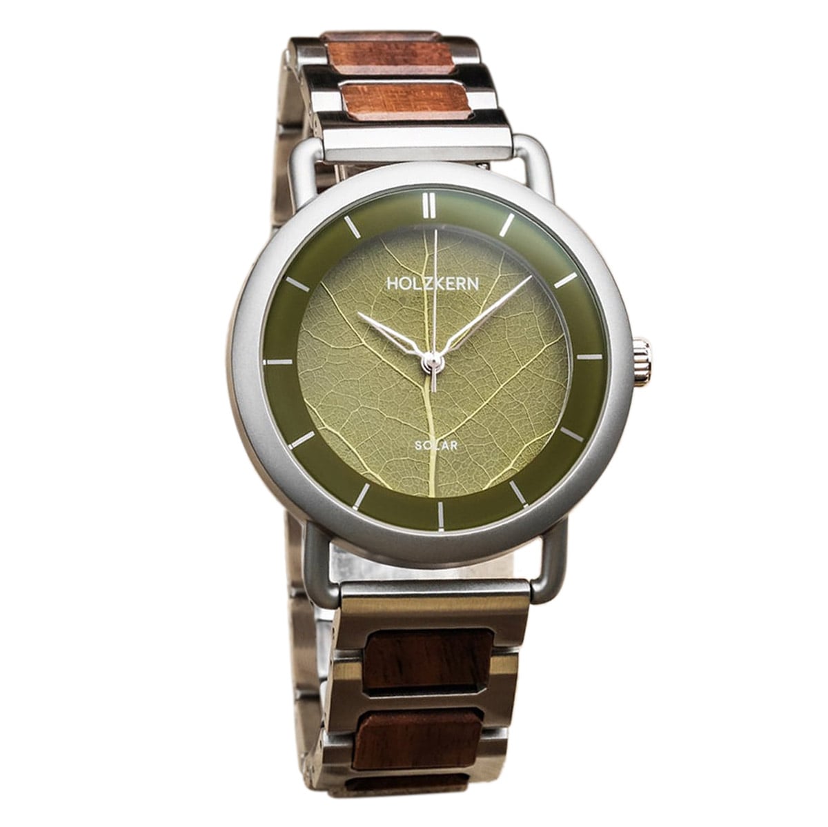 Herrenarmbanduhr mit grünem Zifferblatt und Holz-Edelstahl-Band, Analoganzeige