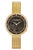 Goldfarbene Damenuhr mit Metall-Gliederarmband, Strasslünette und dunklem Zifferblatt