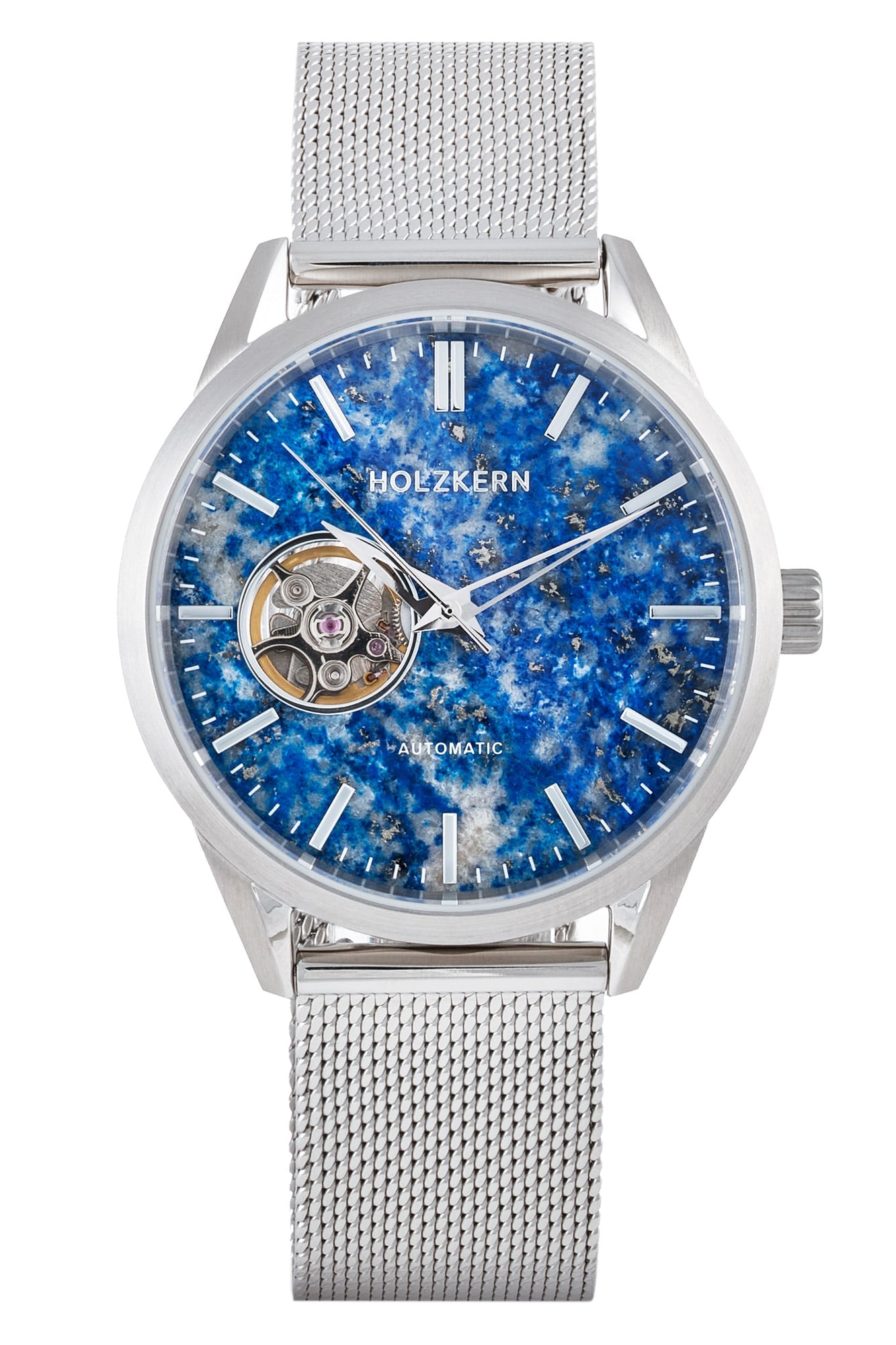 Automatik-Armbanduhr mit silbernem Mesh-Armband und blauem Lapislazuli-Zifferblatt