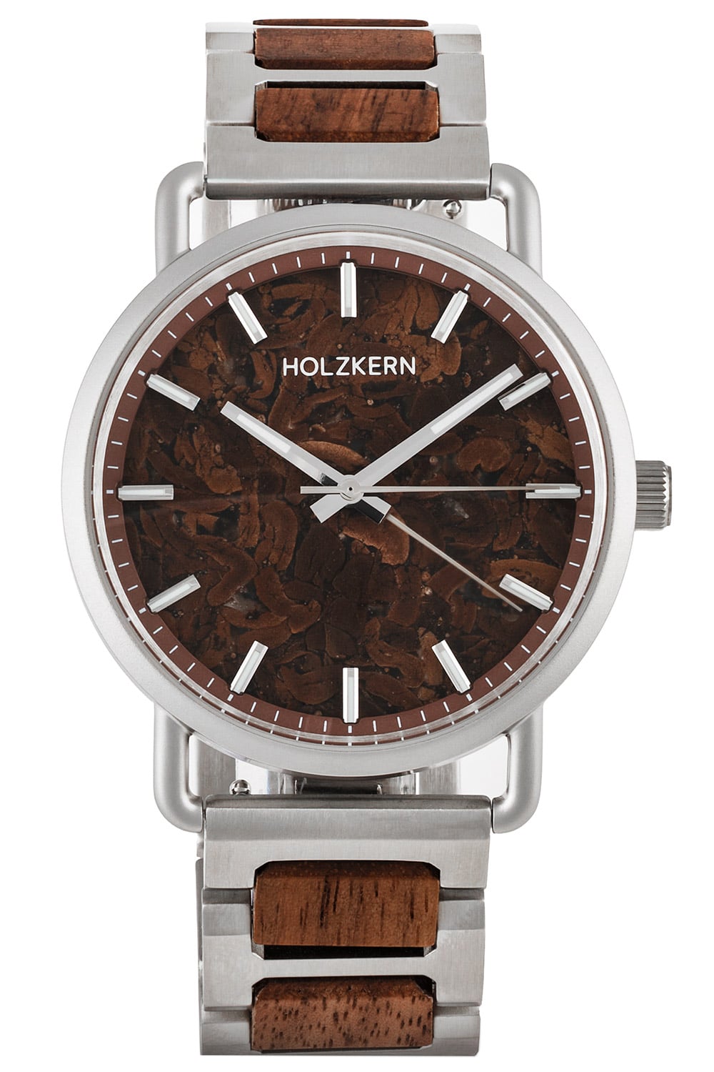 Unisex-Armbanduhr mit braunem Walnussholz-Zifferblatt, HOLZKERN-Schriftzug, silbernem Band