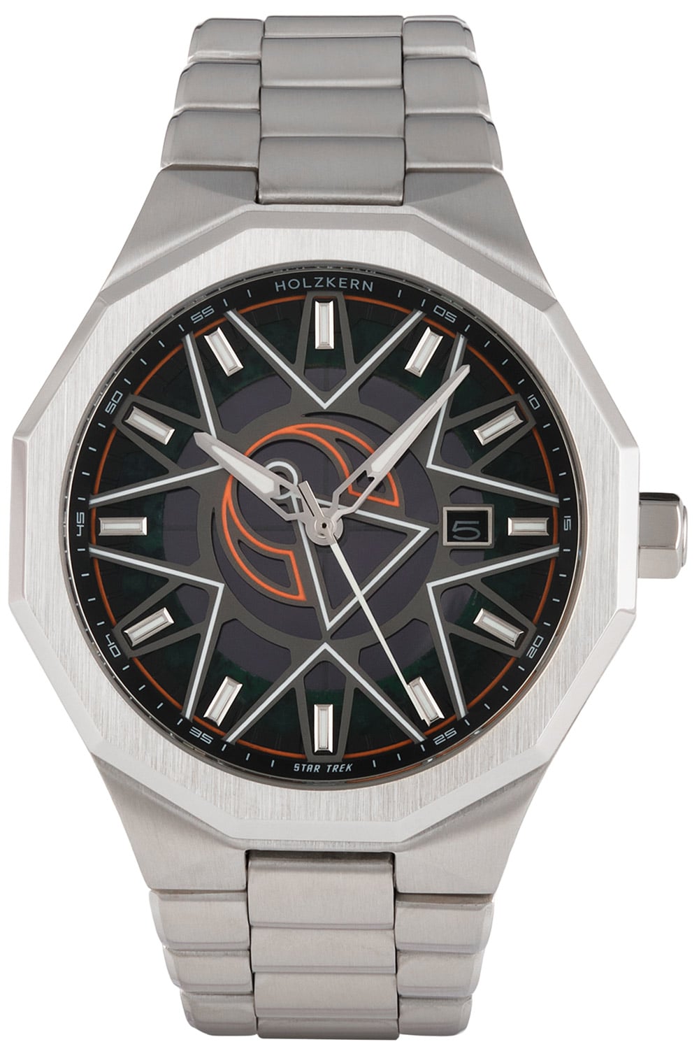 Herrenarmbanduhr mit silbernem Metallarmband, achteckigem Gehäuse und schwarzem Zifferblatt