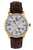 Herrenuhr mit goldfarbenem Gehäuse, weißem Zifferblatt mit blauen Ziffern, braunes Lederband