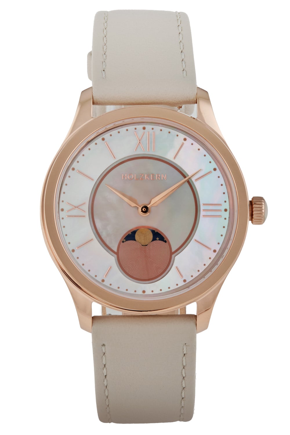 Damenuhr mit roségoldenem Gehäuse, hellgrauem Lederarmband und weißem Zifferblatt