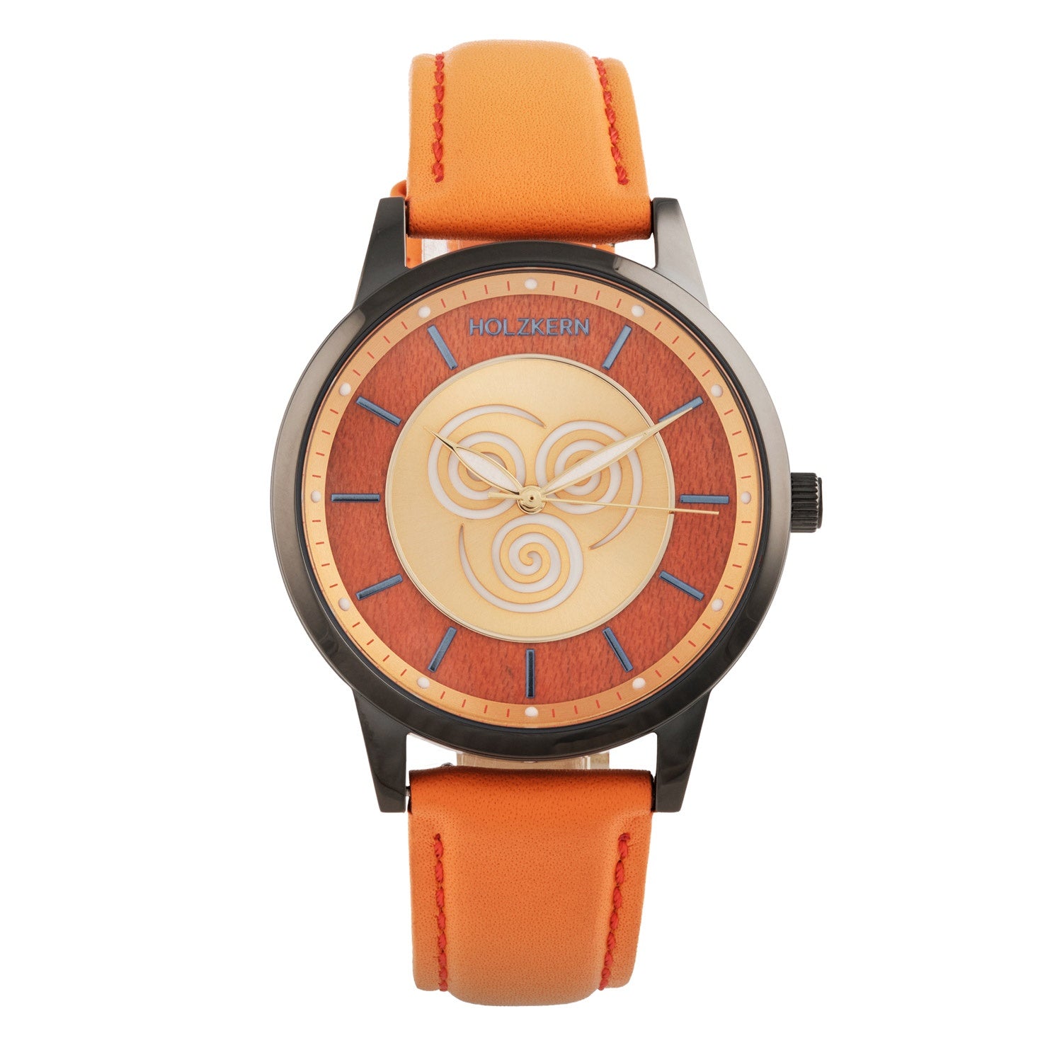 Holzkern Armbanduhr mit orangefarbenem Lederband und Ahornzifferblatt mit Ornamenten