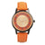 Holzkern Armbanduhr mit orangefarbenem Lederband und Ahornzifferblatt mit Ornamenten