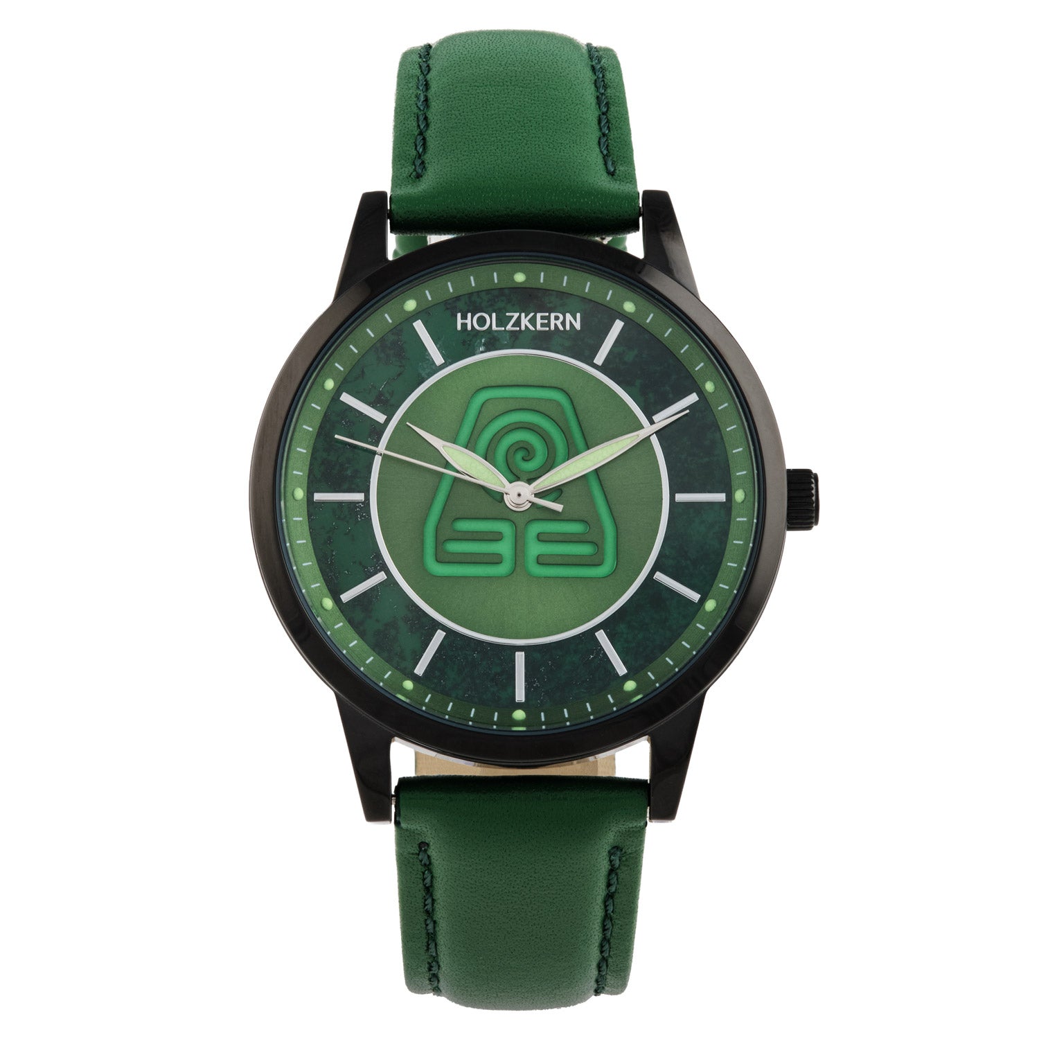 Unisex-Armbanduhr mit grünem Lederarmband und grünem Zifferblatt, Avatar-Logo