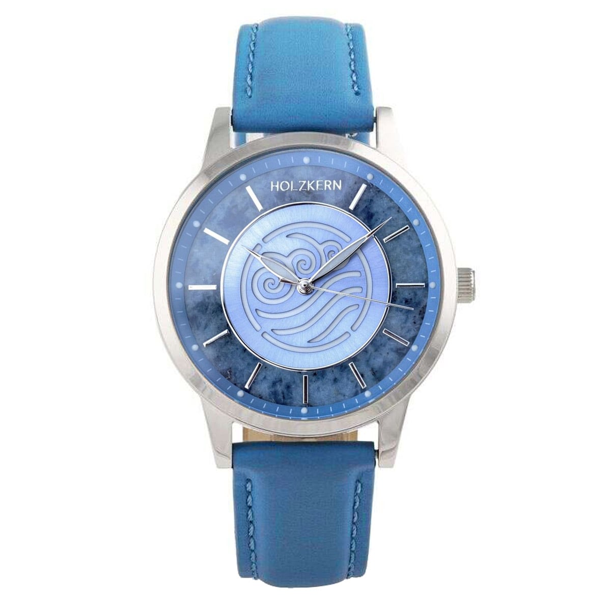 Unisex-Armbanduhr mit blauem Lederarmband und rundem Gehäuse; blaues Zifferblatt mit Avatar-Wasserzeichen