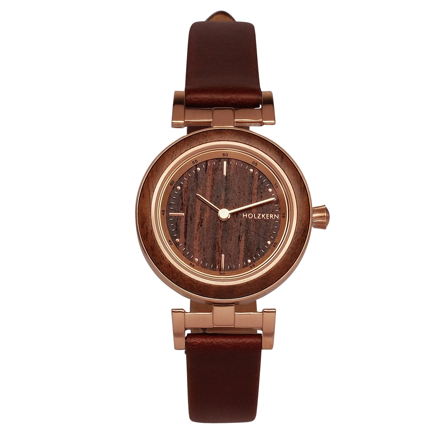 Holzkern Damenuhr Harriet mit braunem Lederarmband und Roségoldfarbenem Holzgehäuse