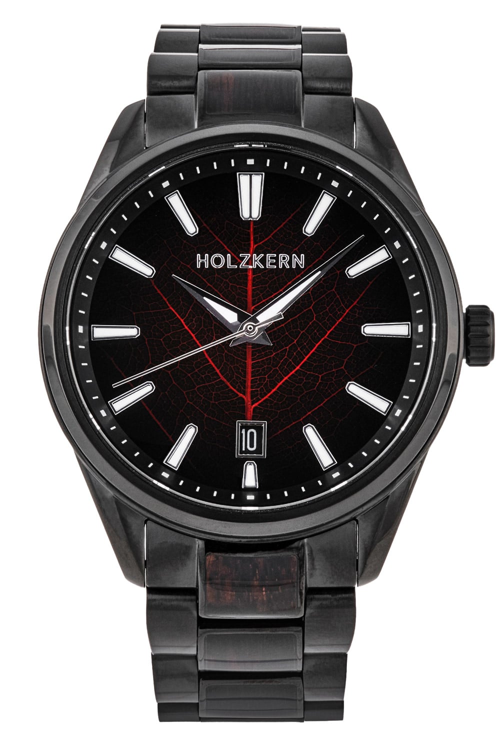 Herrenuhr mit schwarzem Armband und schwarzem Zifferblatt mit roten Akzenten