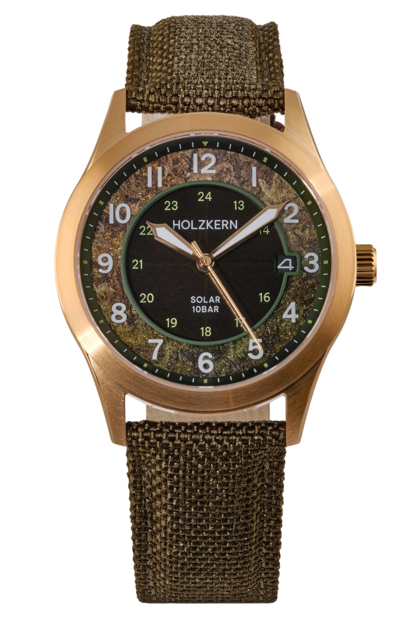 Solararmbanduhr Holzkern Wildlight mit moosgrünem Zifferblatt und goldfarbenem Gehäuse
