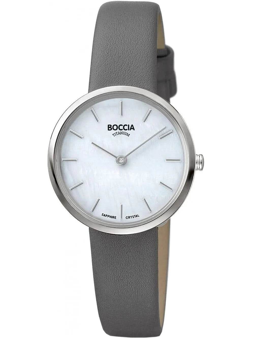 Montre Boccia pour femme avec bracelet en cuir gris et cadran rond blanc, boîtier argenté