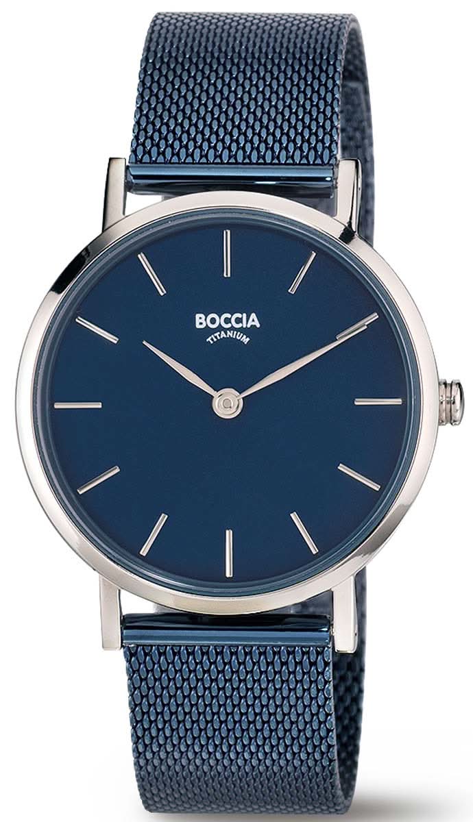 Boccia Damenuhr mit blauem Zifferblatt und blauem Metallarmband