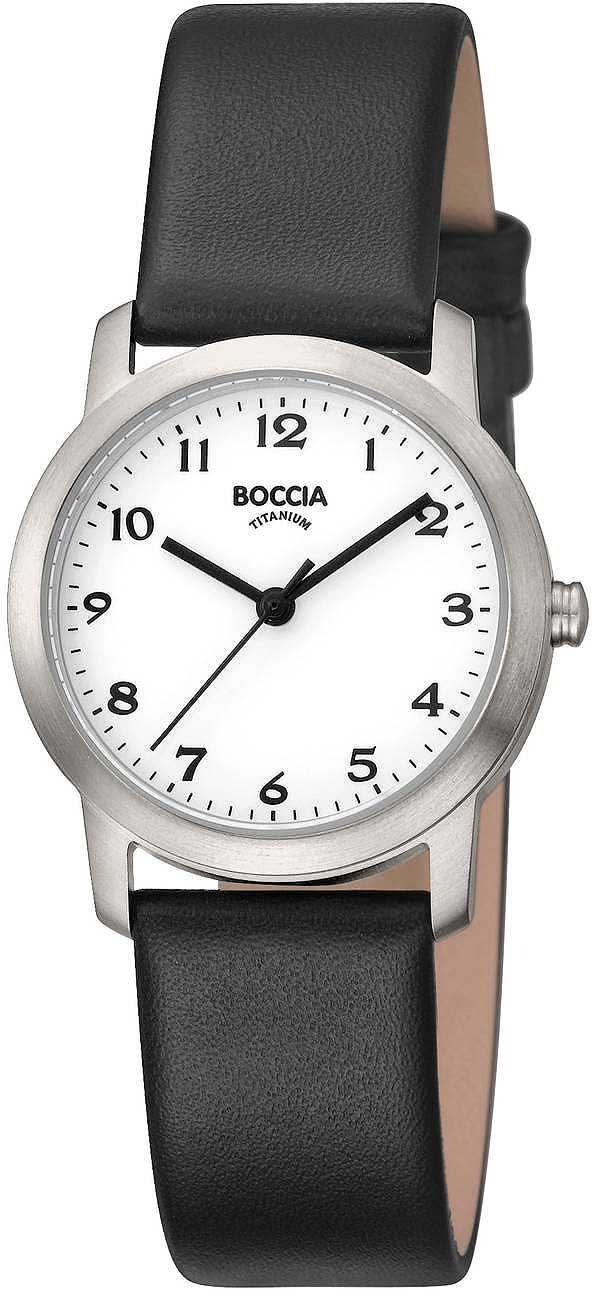 Bracelet de montre pour femme Boccia avec bracelet en cuir noir et boîtier argenté