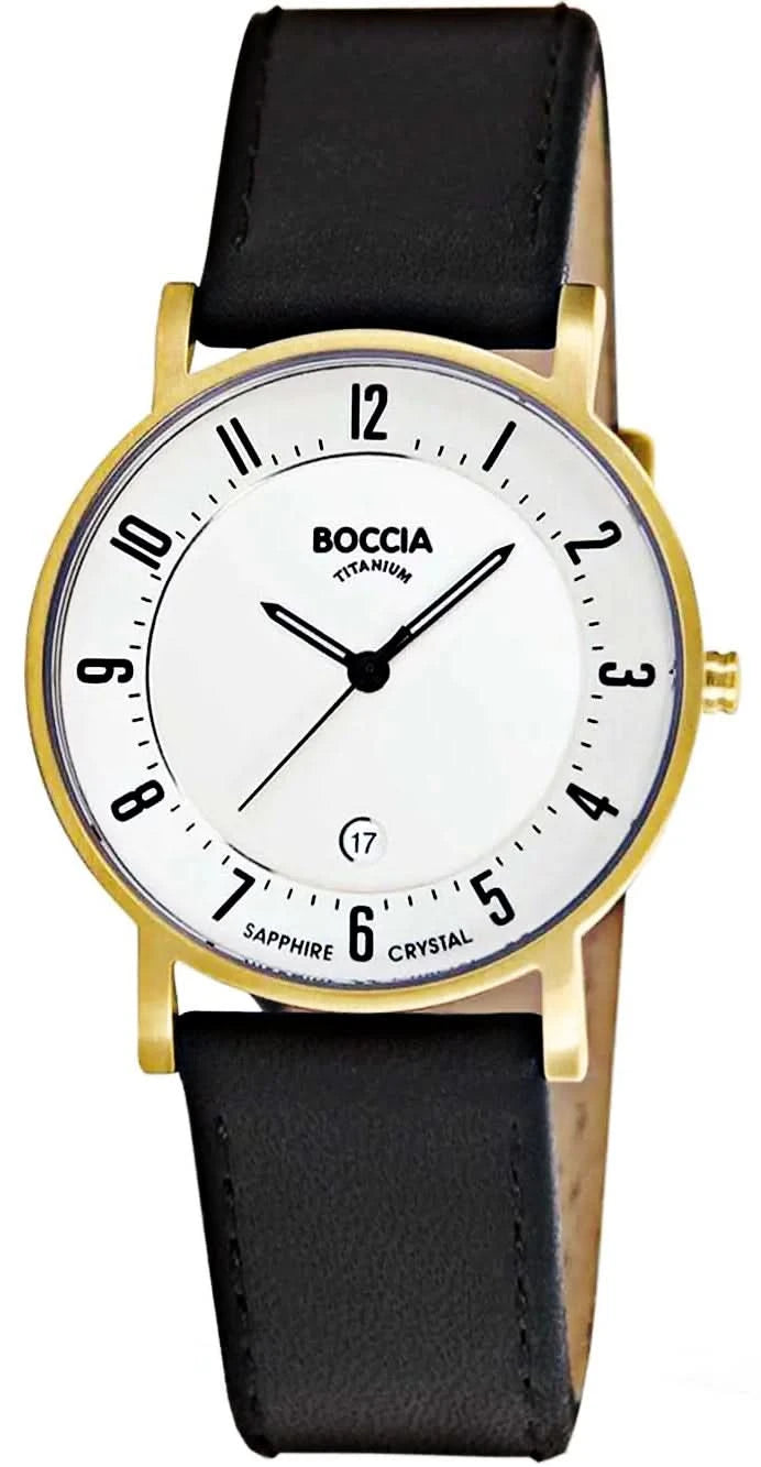 Montre Boccia pour femme avec bracelet en cuir noir, boîtier doré et cadran blanc