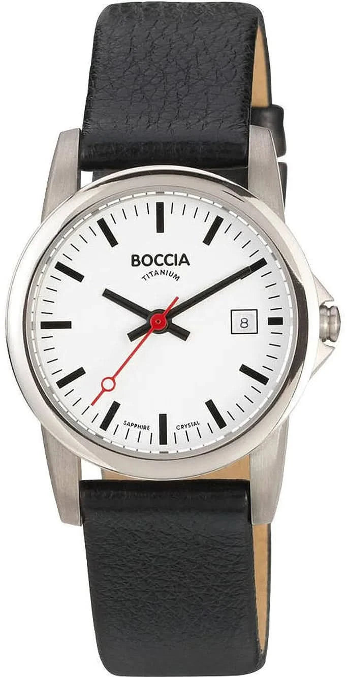 Montre Boccia pour femme avec bracelet en cuir noir, cadran blanc, aiguilles rouges, affichage de la date