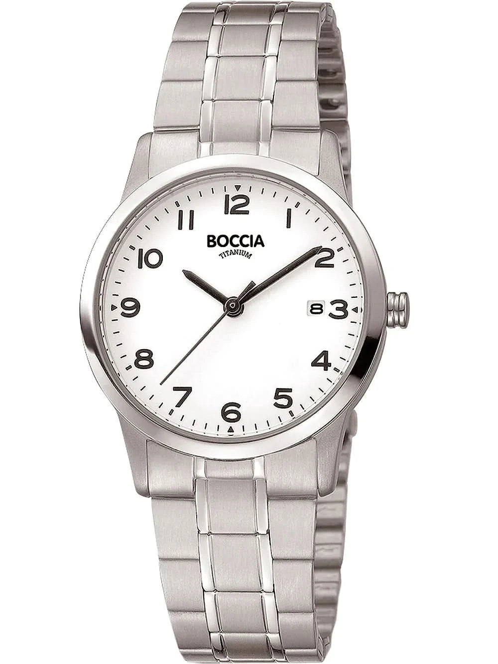 Boccia-Armbanduhr mit silbernem Metallband und weißem Zifferblatt
