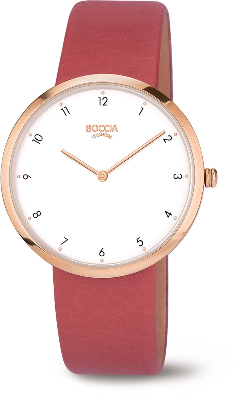 Montre pour femme avec cadran blanc et boîtier couleur or rose, bracelet en cuir rouge