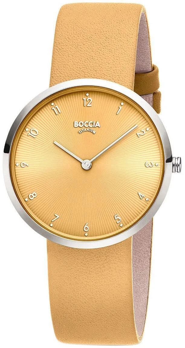 Montre Boccia pour femme avec cadran rond doré et bracelet en cuir beige, affichage analogique