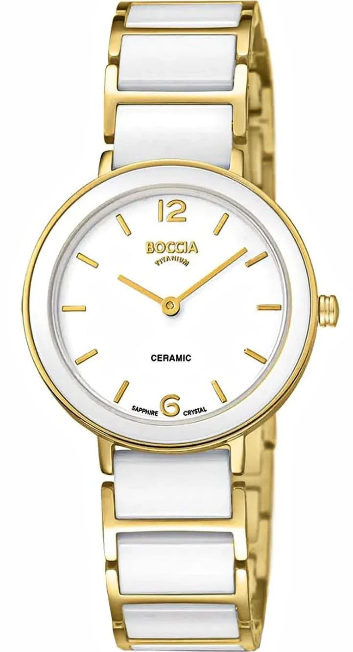 Montre pour femme avec bracelet en métal doré et cadran blanc, index romains, logo Boccia