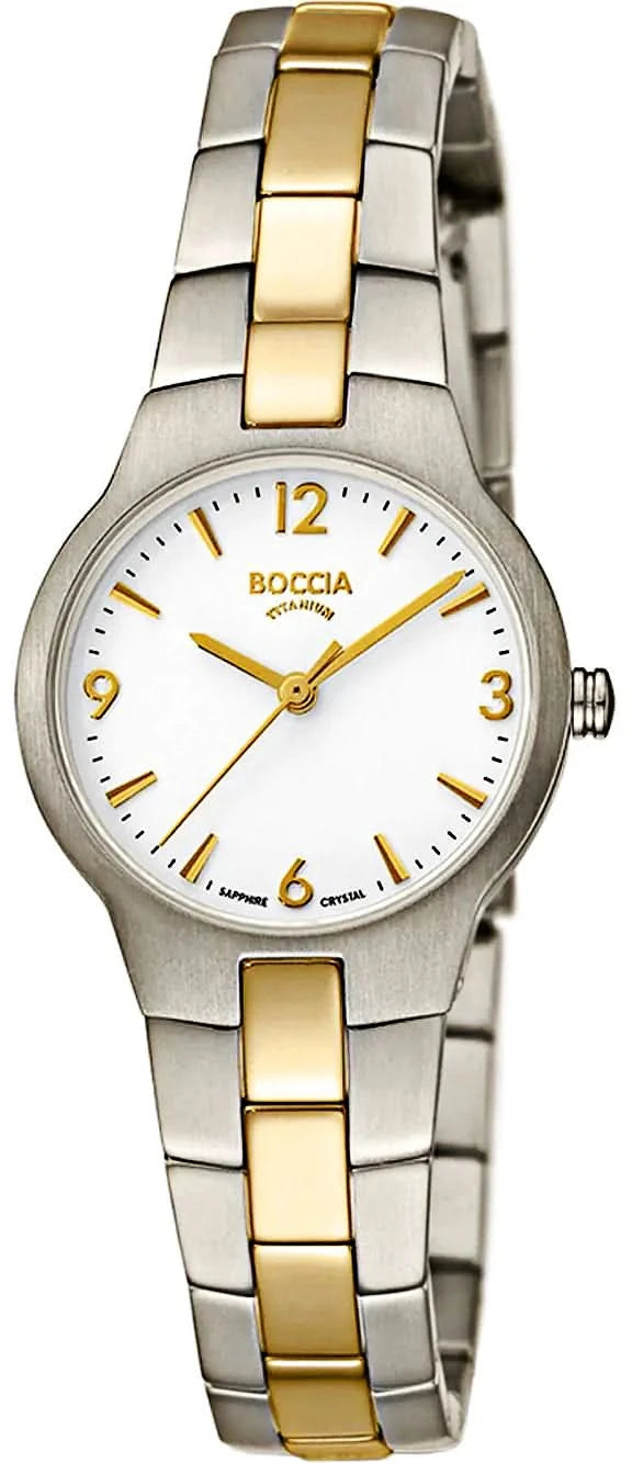 Montre pour femme avec bracelet bicolore en métal et cadran blanc, aiguilles dorées