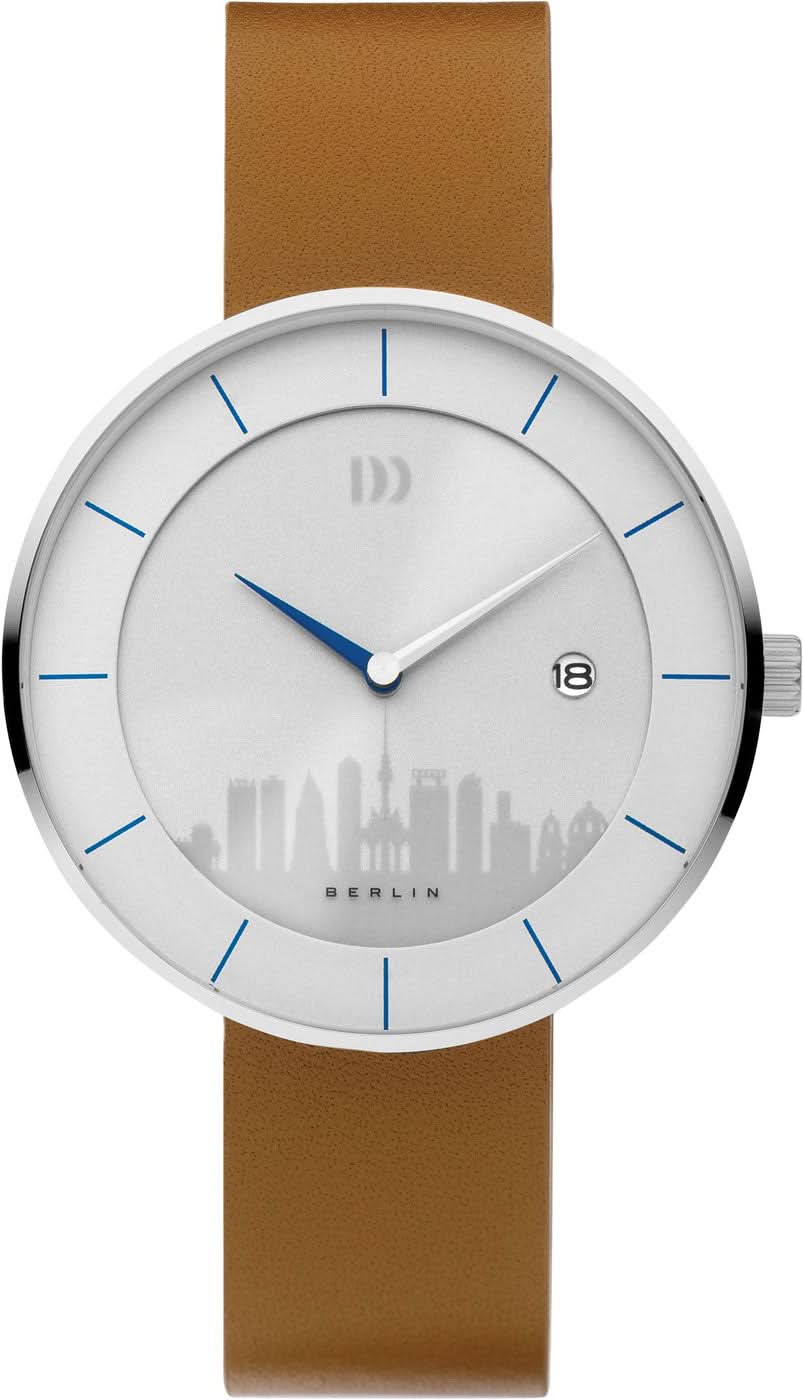 Herrenuhr mit braunem Lederarmband, silbernem Gehäuse und blau markiertem Zifferblatt