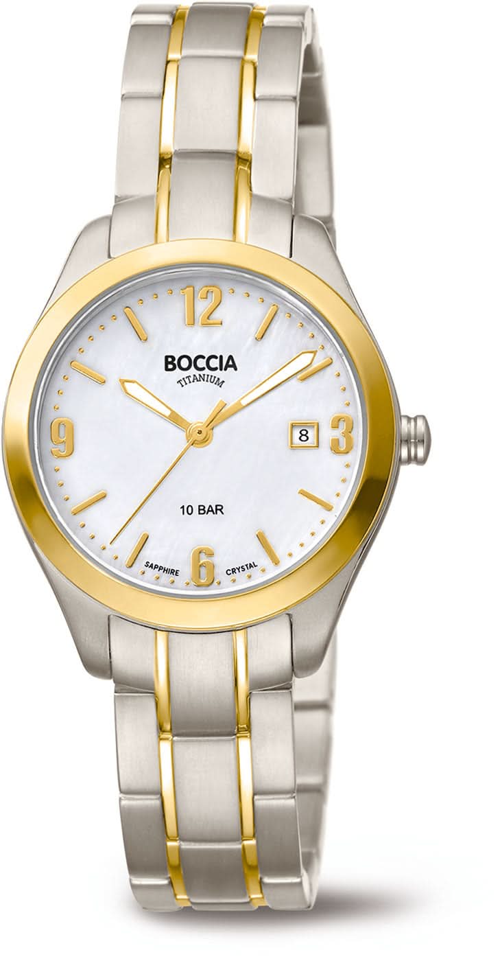 Montre pour femme bicolore avec cadran rond, index dorés et bracelet en métal