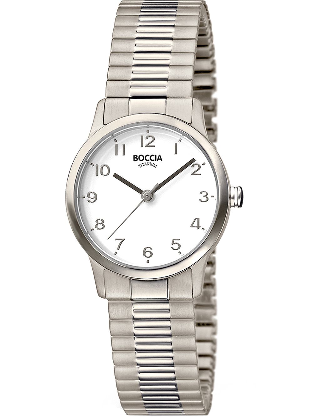 Boccia Damenuhr mit silbernem Metall-Zugband und weißem Zifferblatt, Mineralglas