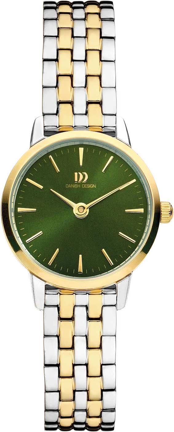 Montre pour femme : cadran vert, bracelet bicolore en métal, boîtier rond plat