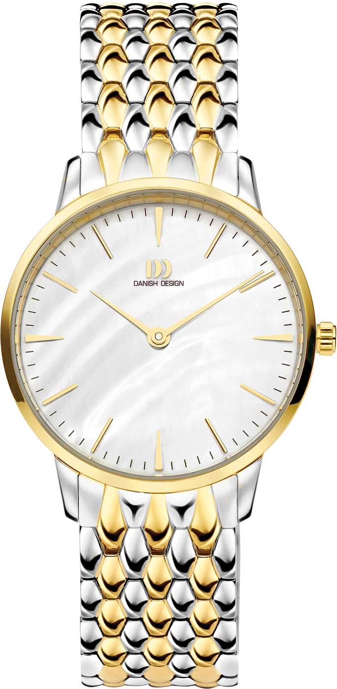 Montre pour femme Danish Design avec cadran blanc, détails dorés et bracelet en acier inoxydable.