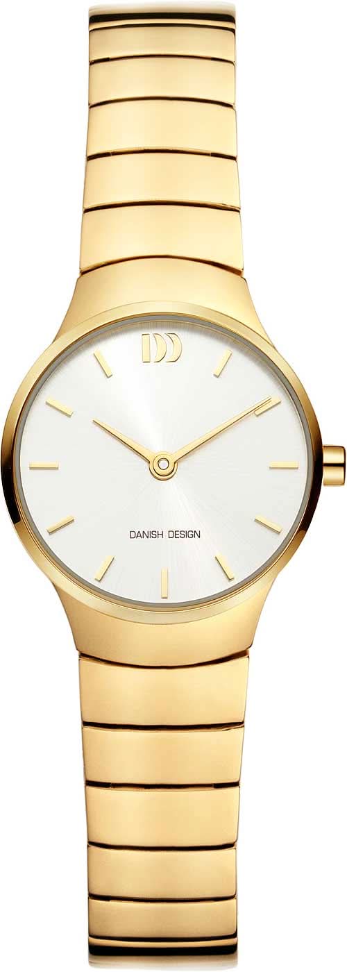 Montre pour femme avec bracelet en métal doré et cadran rond ; index blancs, aiguilles dorées