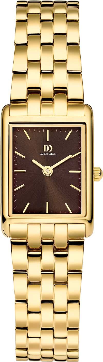 Montre femme avec cadran rectangulaire marron et bracelet métallique doré, index bâtons clairs