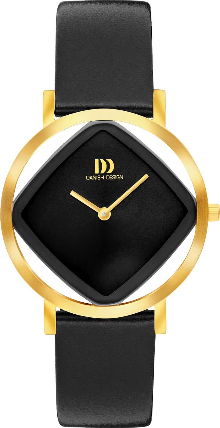 Montre pour femme avec bracelet en cuir noir, cadran noir et lunette dorée