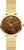 Damenuhr mit goldfarbenem Metallarmband, rundem braunem Zifferblatt, Strichindizes und Zeigern