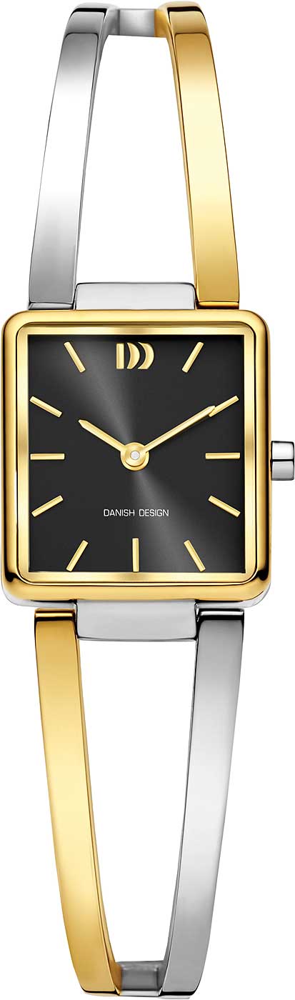 Montre pour femme avec cadran noir, aiguilles dorées et bracelet en métal bicolore (argent/or)