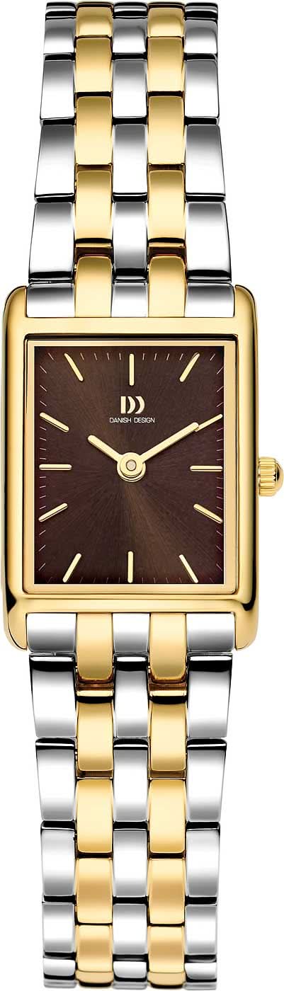 Damenuhr mit rechteckigem Zifferblatt, dunkelbraun, goldfarbene Zeiger und Edelstahlarmband