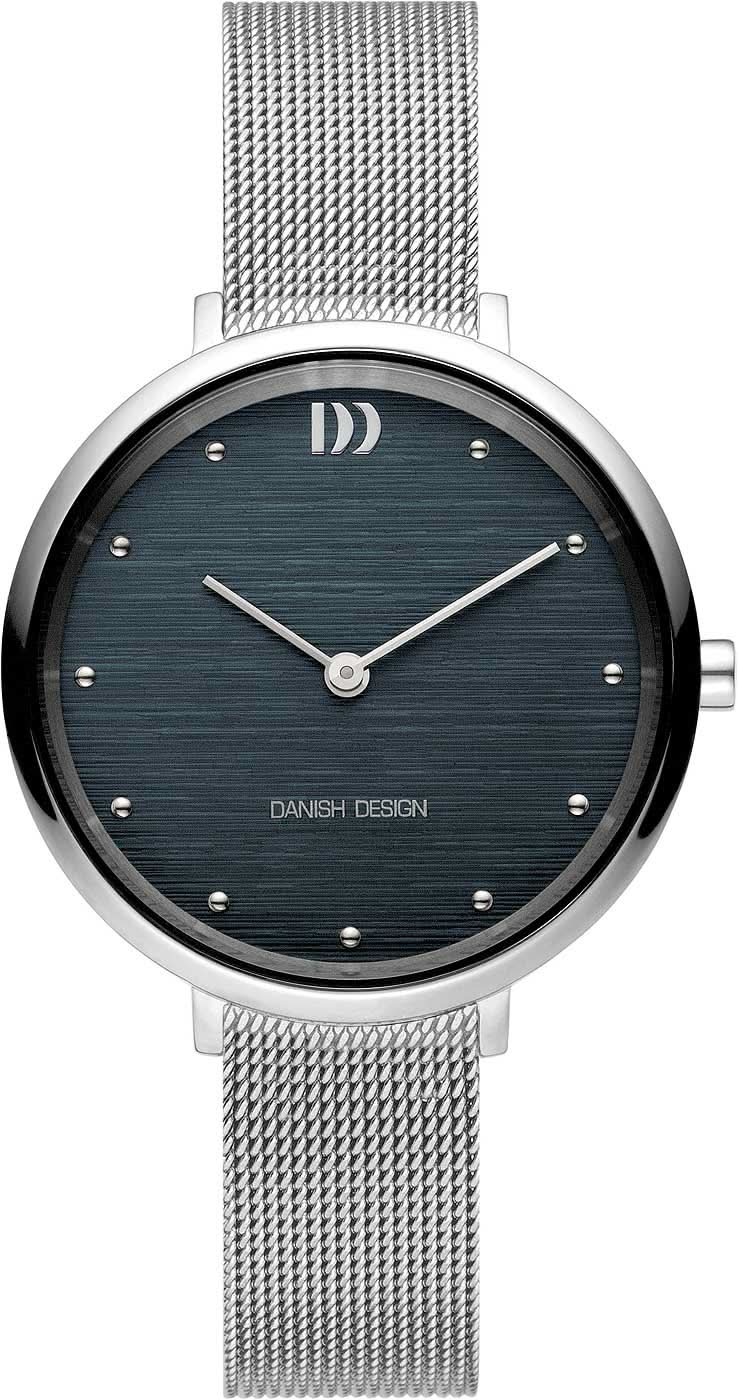 Damenuhr mit rundem dunkelblauem Zifferblatt und silbernem Mesh-Armband, Indexe & Zeiger.