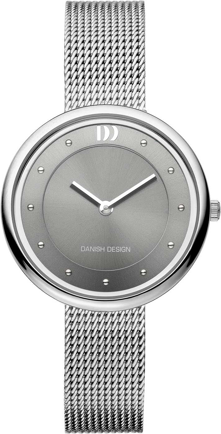 Montre femme : boîtier rond argenté, cadran gris, bracelet en maille d'acier inoxydable