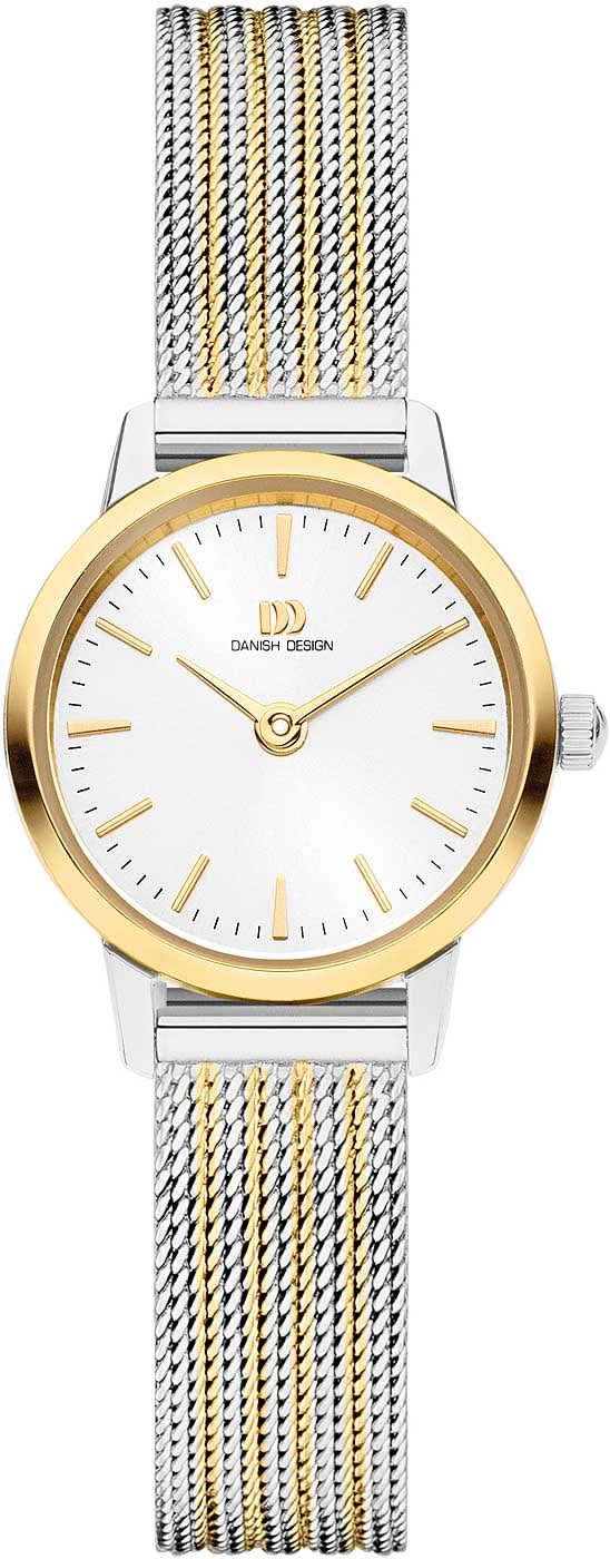 Damenuhr mit goldfarbener Lünette, weißem Zifferblatt und zweifarbigem Metallarmband