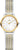 Damenuhr mit goldfarbener Lünette, weißem Zifferblatt und zweifarbigem Metallarmband