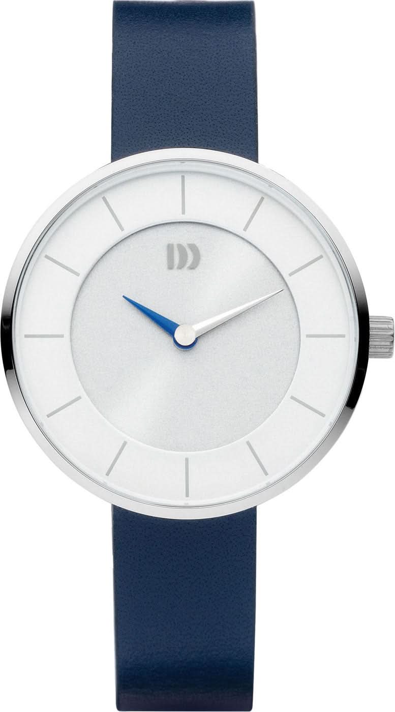Montre pour femme avec boîtier rond argenté, cadran blanc et bracelet en cuir bleu