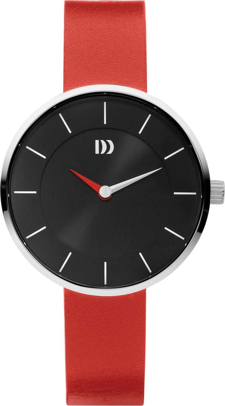 Montre pour femme avec cadran rond noir, boîtier argenté et bracelet en cuir rouge