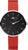 Montre pour femme avec cadran rond noir, boîtier argenté et bracelet en cuir rouge