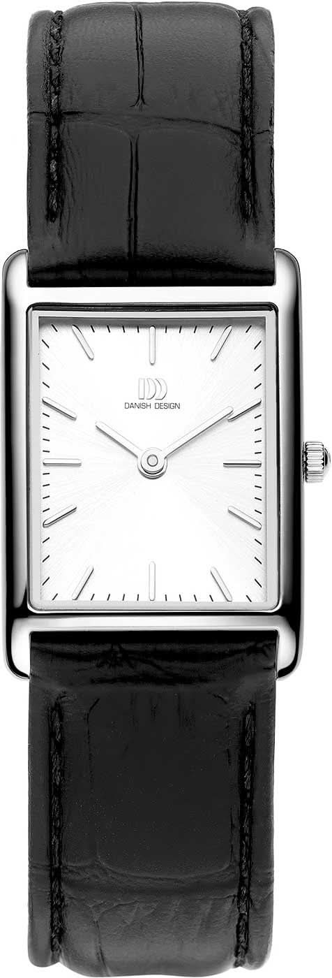 Montre danoise Design pour femme avec bracelet en cuir noir et cadran rectangulaire blanc