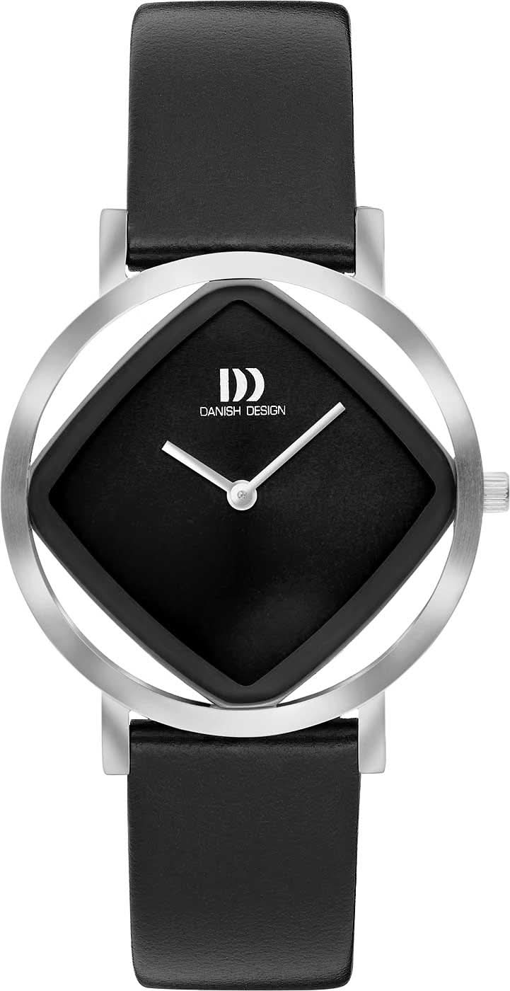 Damenuhr mit schwarzem Zifferblatt, silberfarbenem Gehäuse und schwarzem Lederarmband