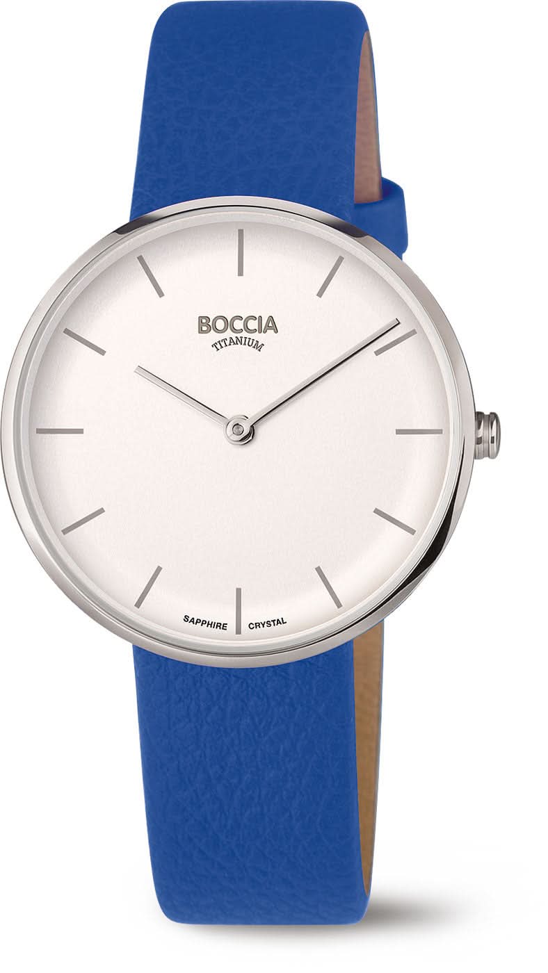 Boccia Damenuhr mit blauem Lederband, rundem Gehäuse und weißem Zifferblatt, Saphirglas