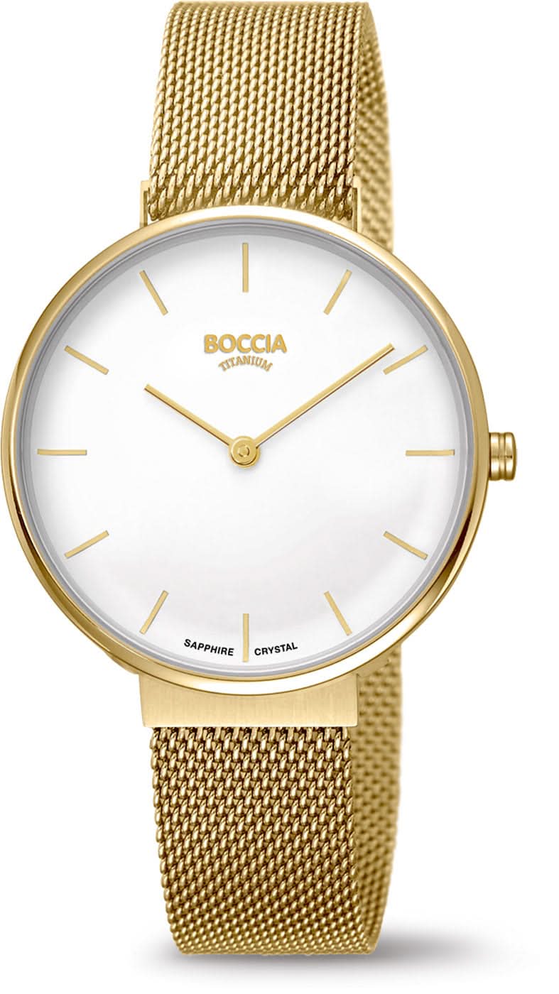 Montre Boccia pour femme avec bracelet milanais doré, cadran blanc et aiguilles dorées