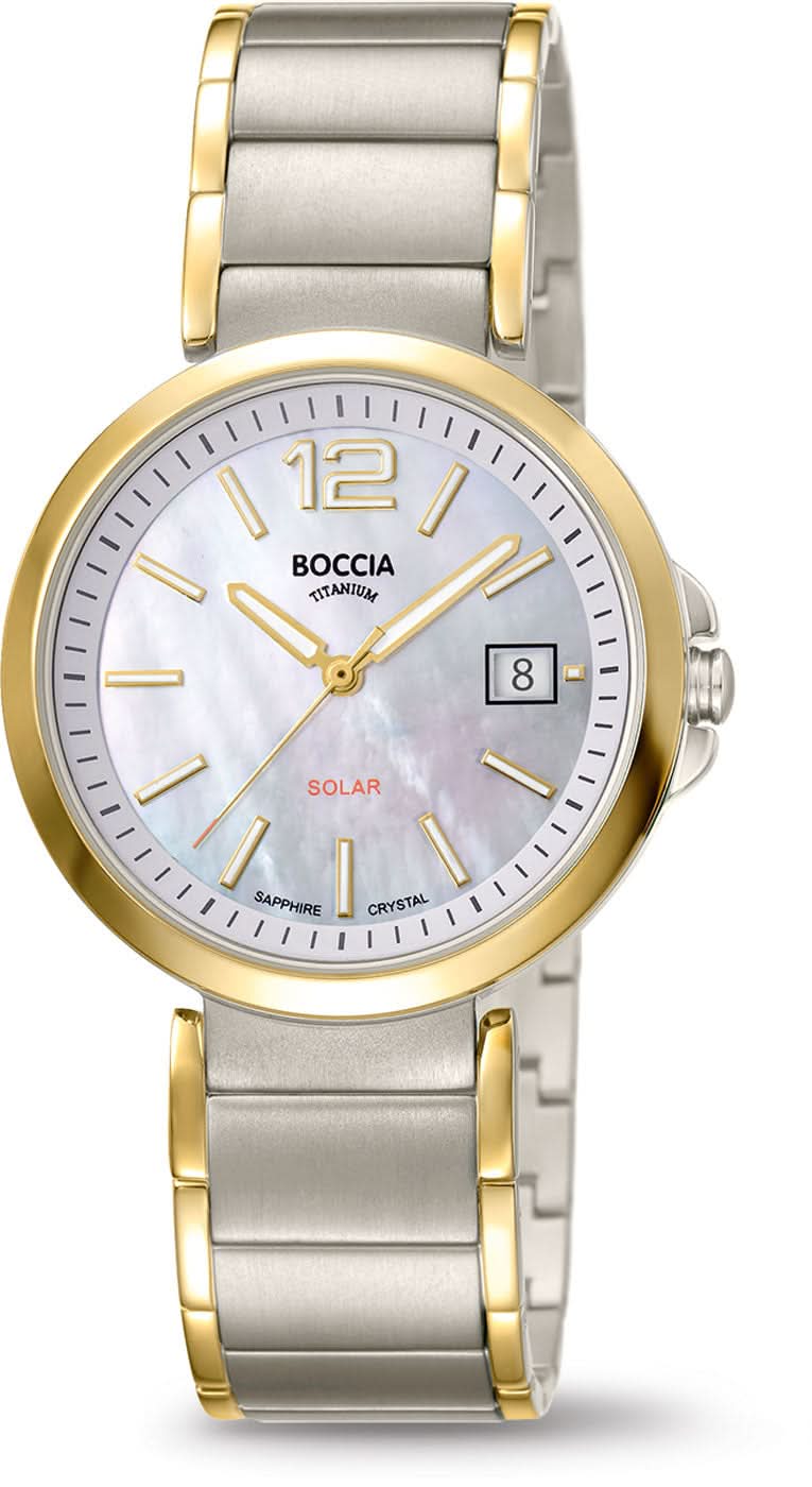 Montre Boccia pour femme avec bracelet bicolore en métal et cadran blanc, aiguilles dorées.